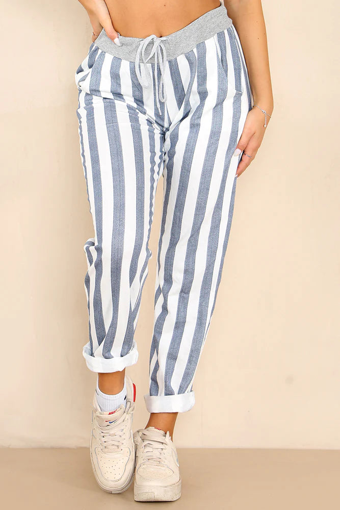 Italian Striped Print Drawstring Cotton Joggers Trouser WearAll Denim Blue 8