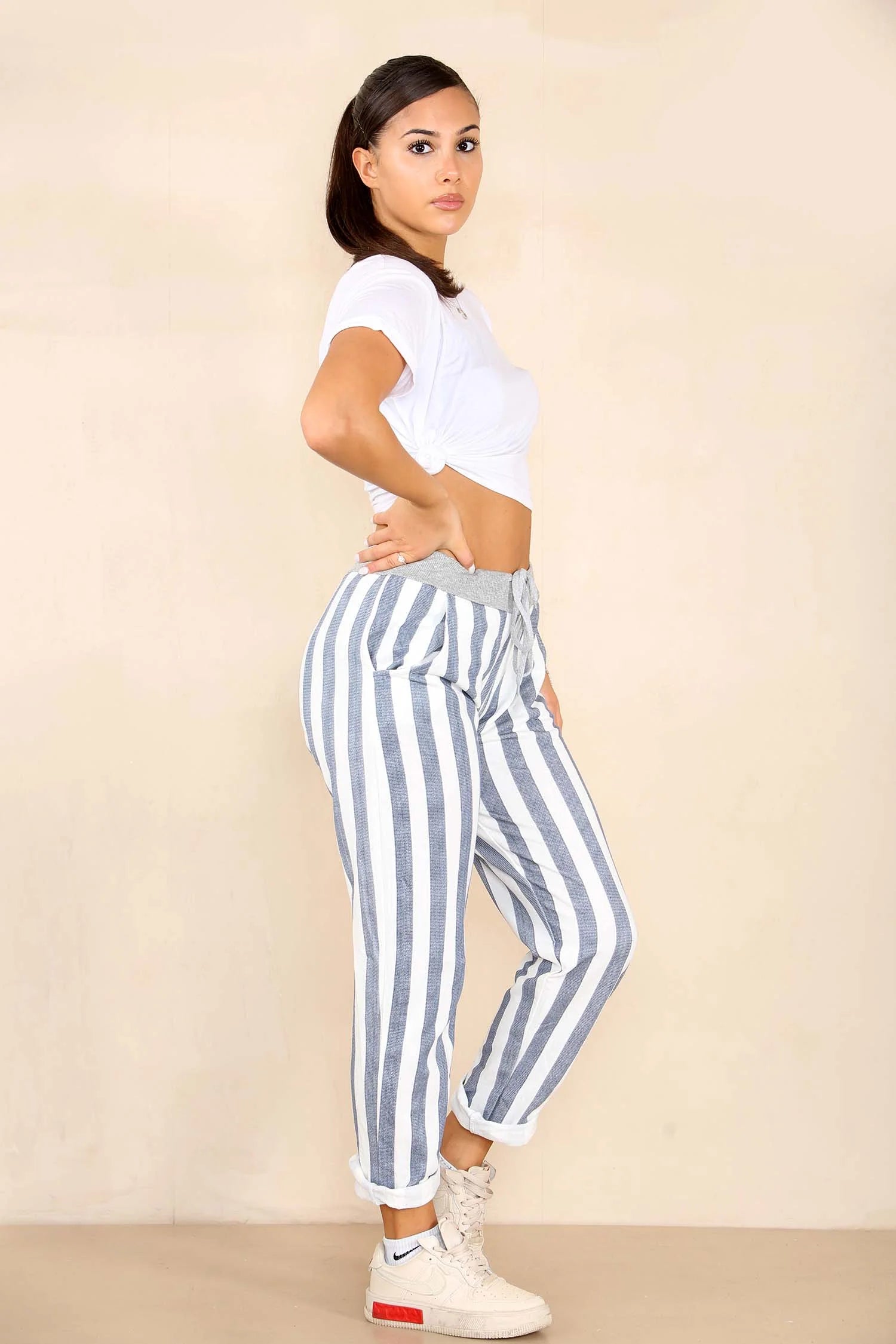 Italian Striped Print Drawstring Cotton Joggers Trouser WearAll