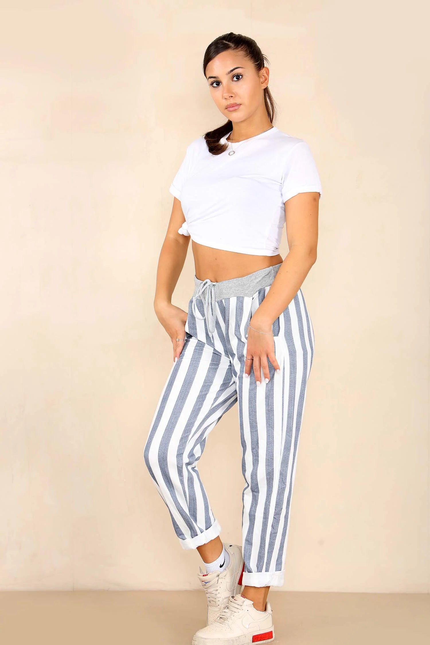 Italian Striped Print Drawstring Cotton Joggers Trouser WearAll