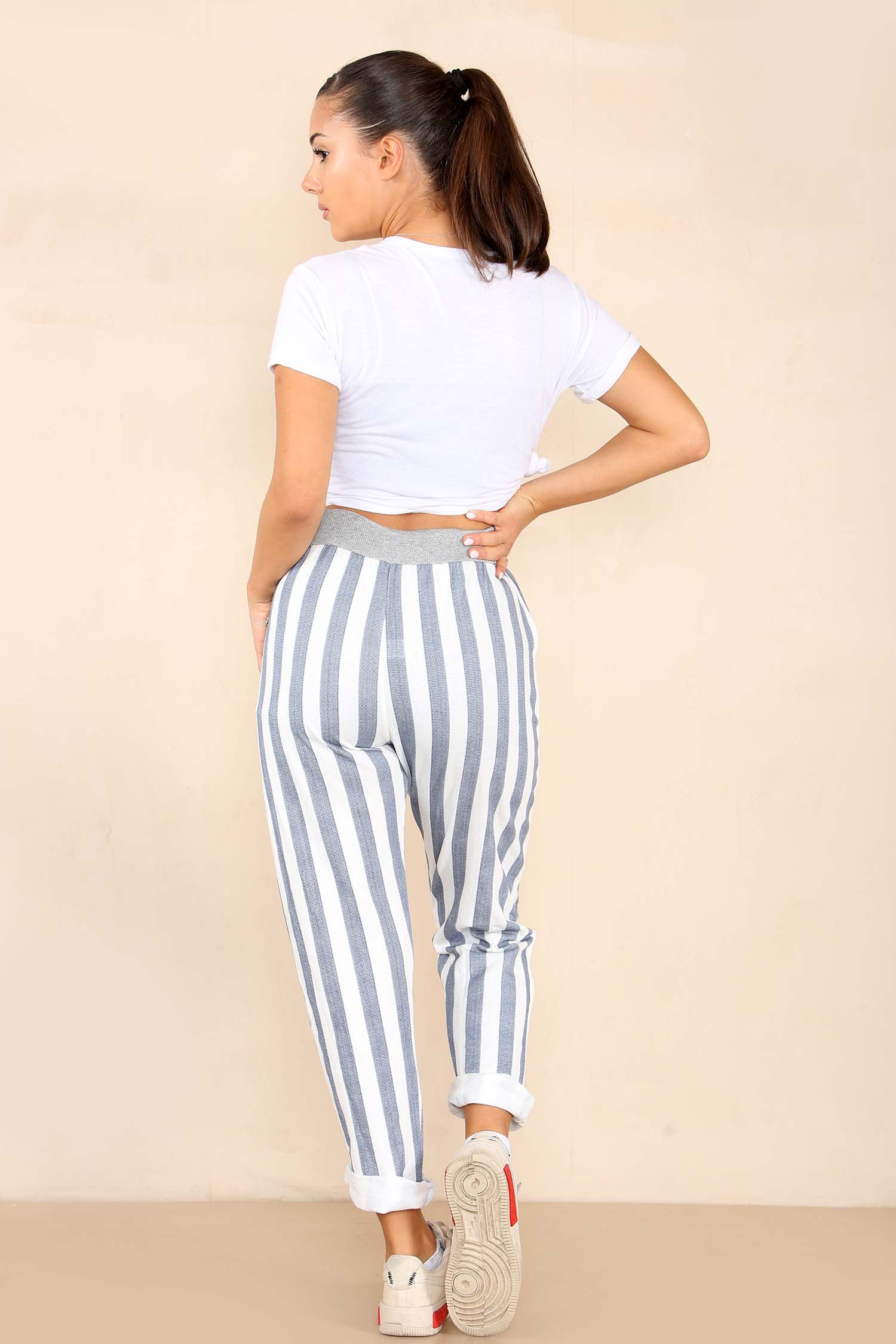 Italian Striped Print Drawstring Cotton Joggers Trouser WearAll