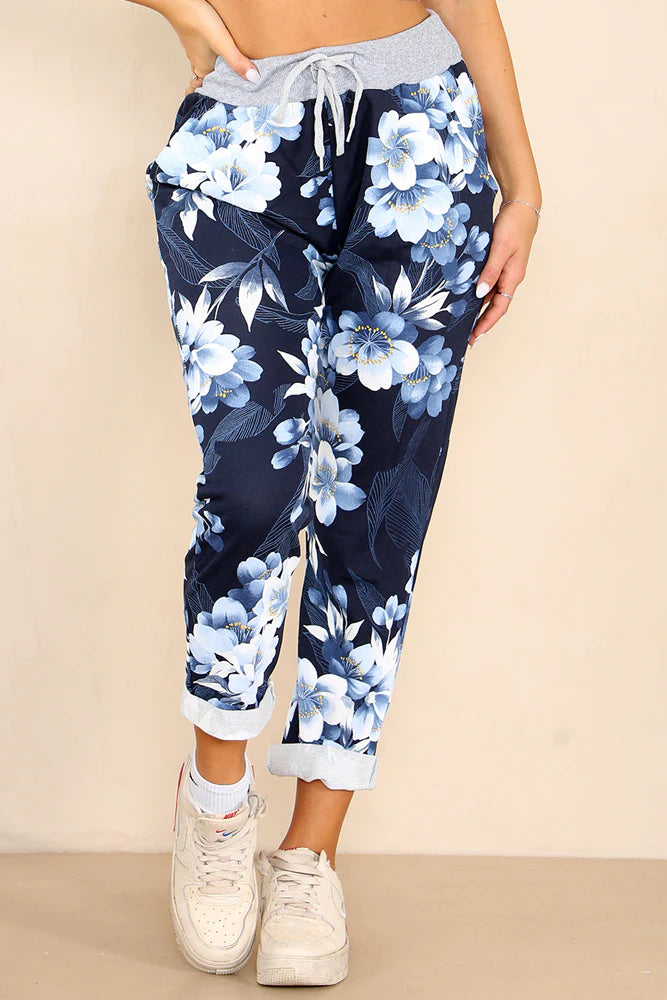 Italian Lily Print Drawstring Cotton Joggers Trouser WearAll