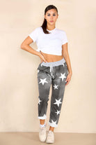 Italian Star Print Drawstring Cotton Joggers Trousers WearAll Black 8