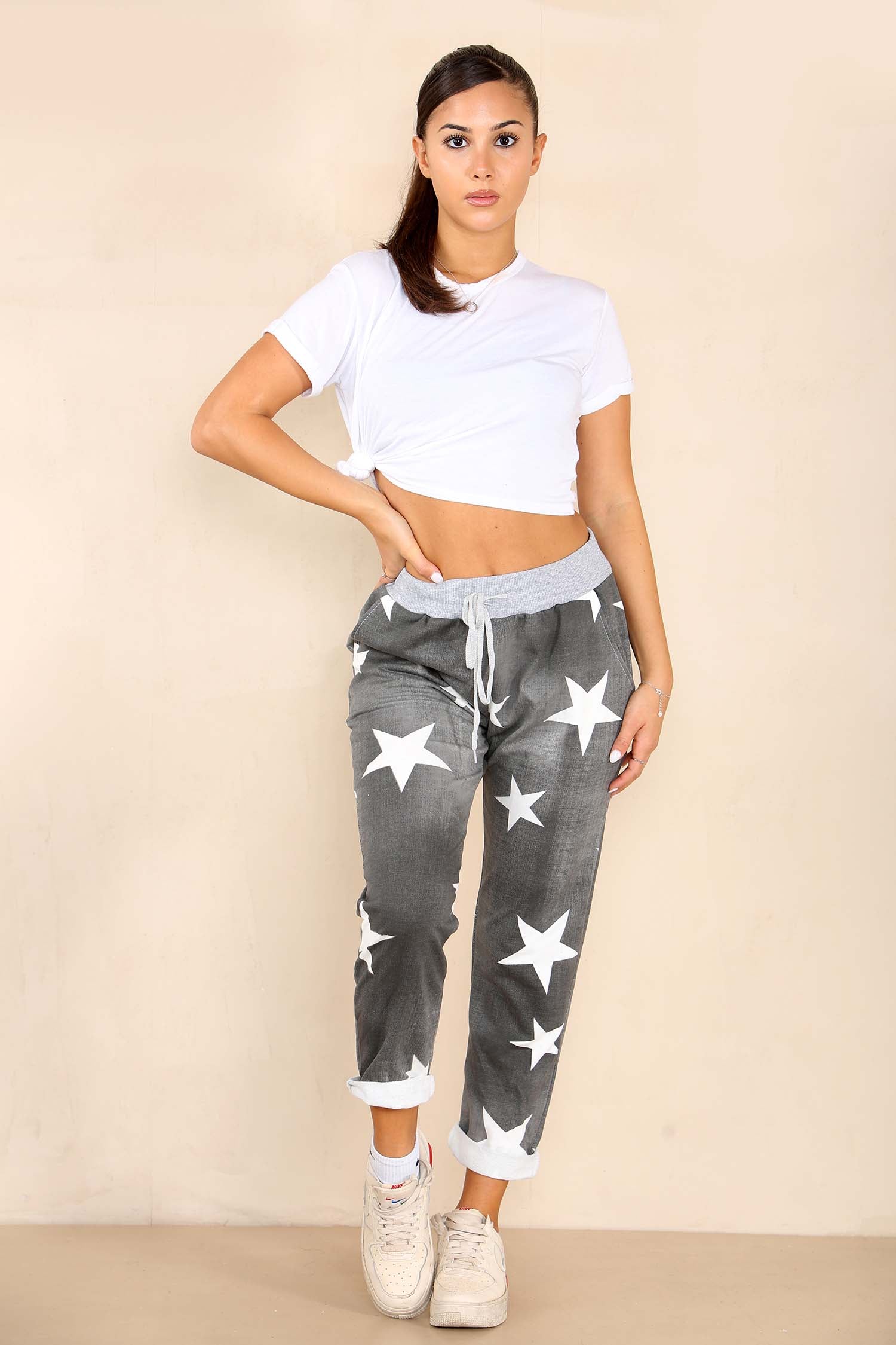 Italian Star Print Drawstring Cotton Joggers Trousers WearAll Black 8