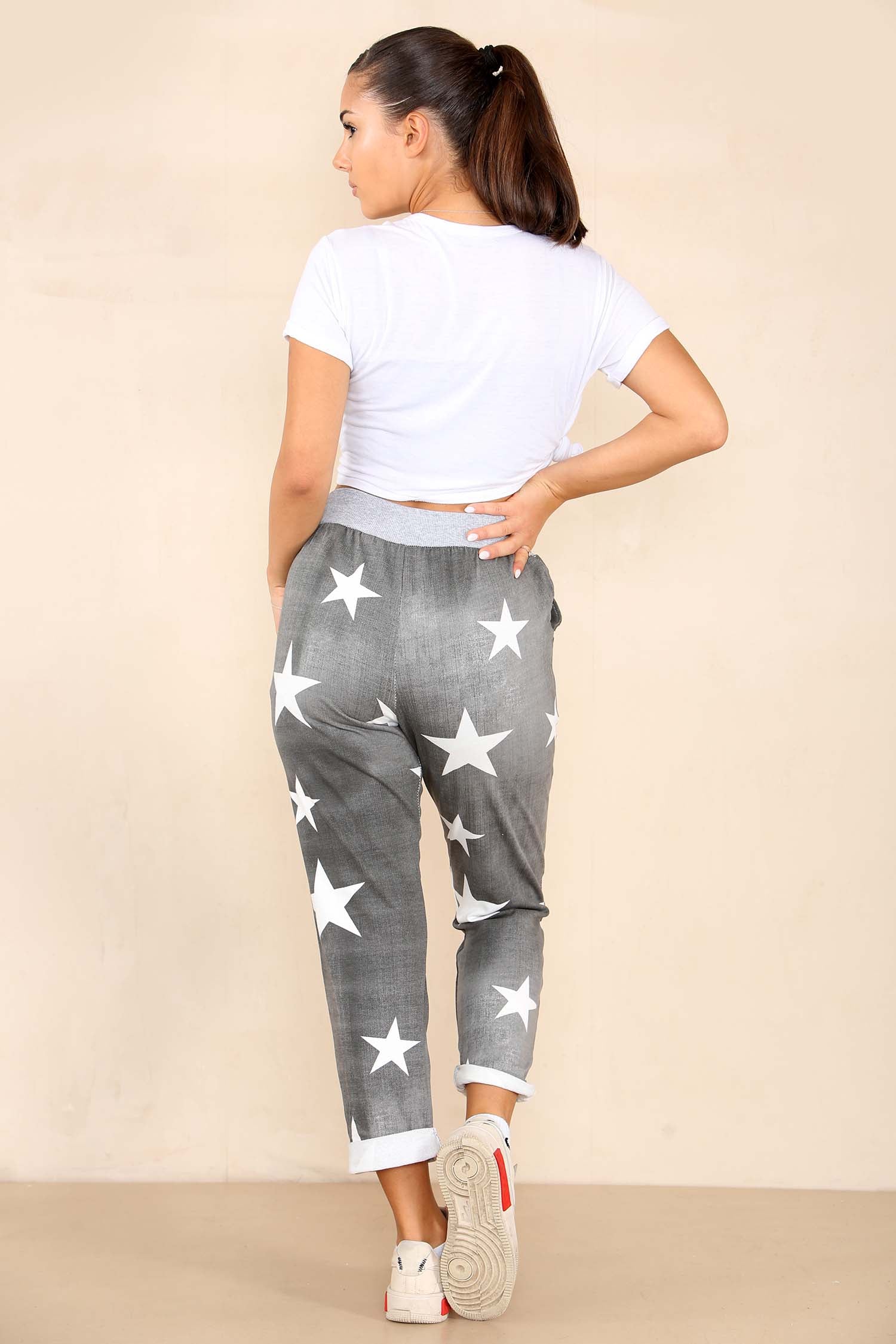 Italian Star Print Drawstring Cotton Joggers Trousers WearAll