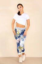 Plus Size Italian Floral Print Drawstring Cotton Joggers - Denim Blue Trouser WearAll Denim Blue 16