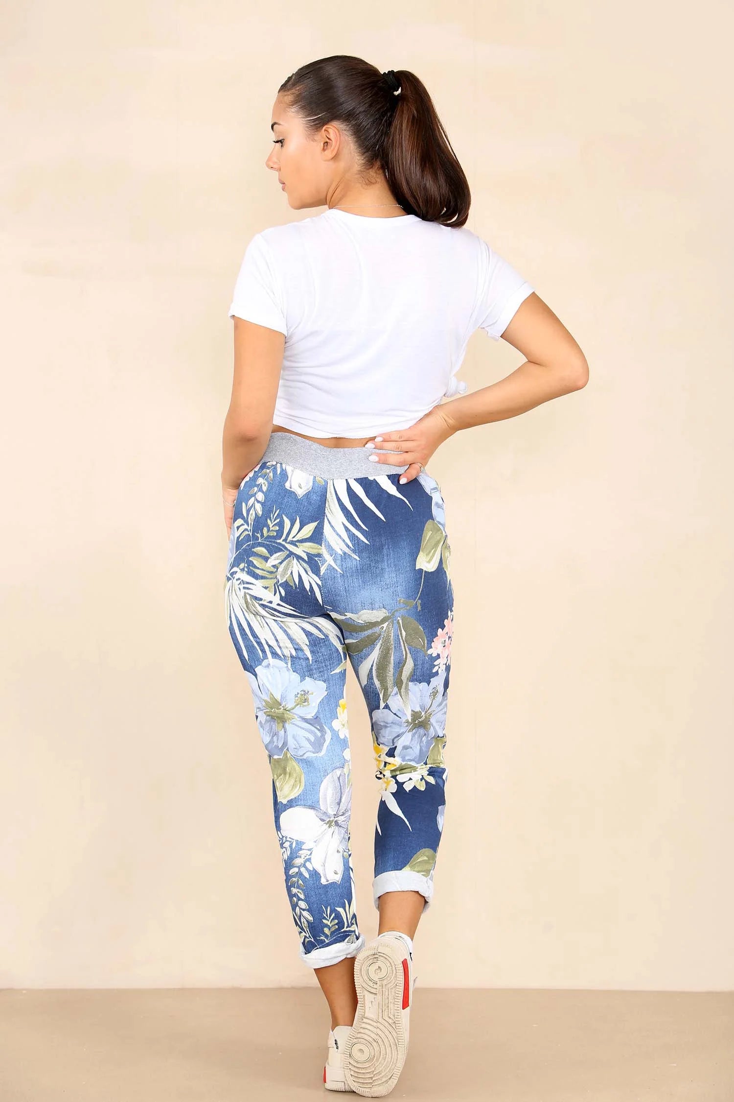 Plus Size Italian Floral Print Drawstring Cotton Joggers WearAll