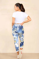 Plus Size Italian Floral Print Drawstring Cotton Joggers - Denim Blue Trouser WearAll