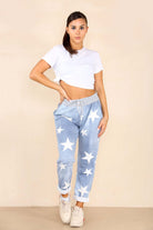 Italian Star Print Drawstring Cotton Joggers Trousers WearAll Light Denim 8