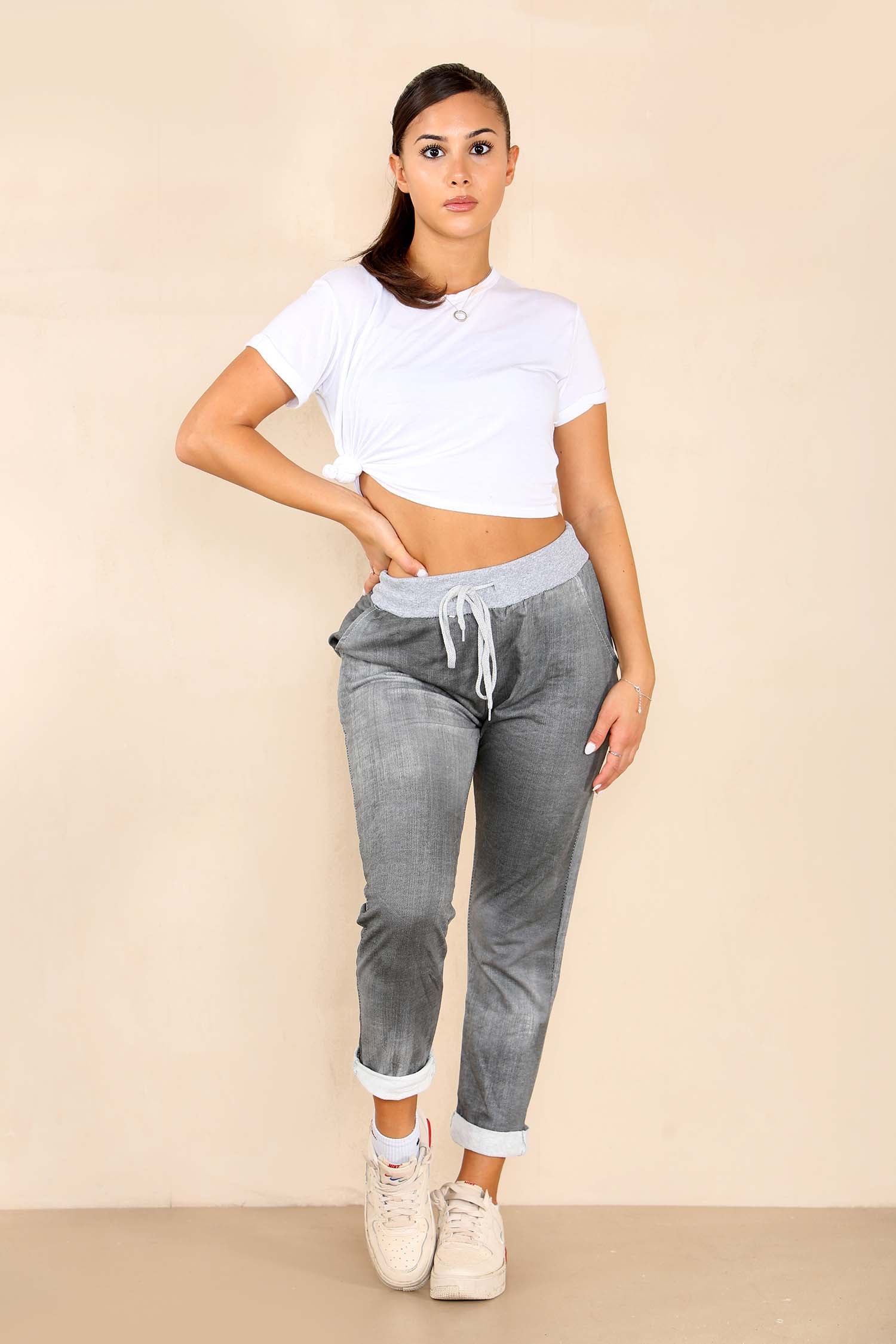 Plus Size Italian Plain Drawstring Cotton Joggers Trouser WearAll Light Black 16