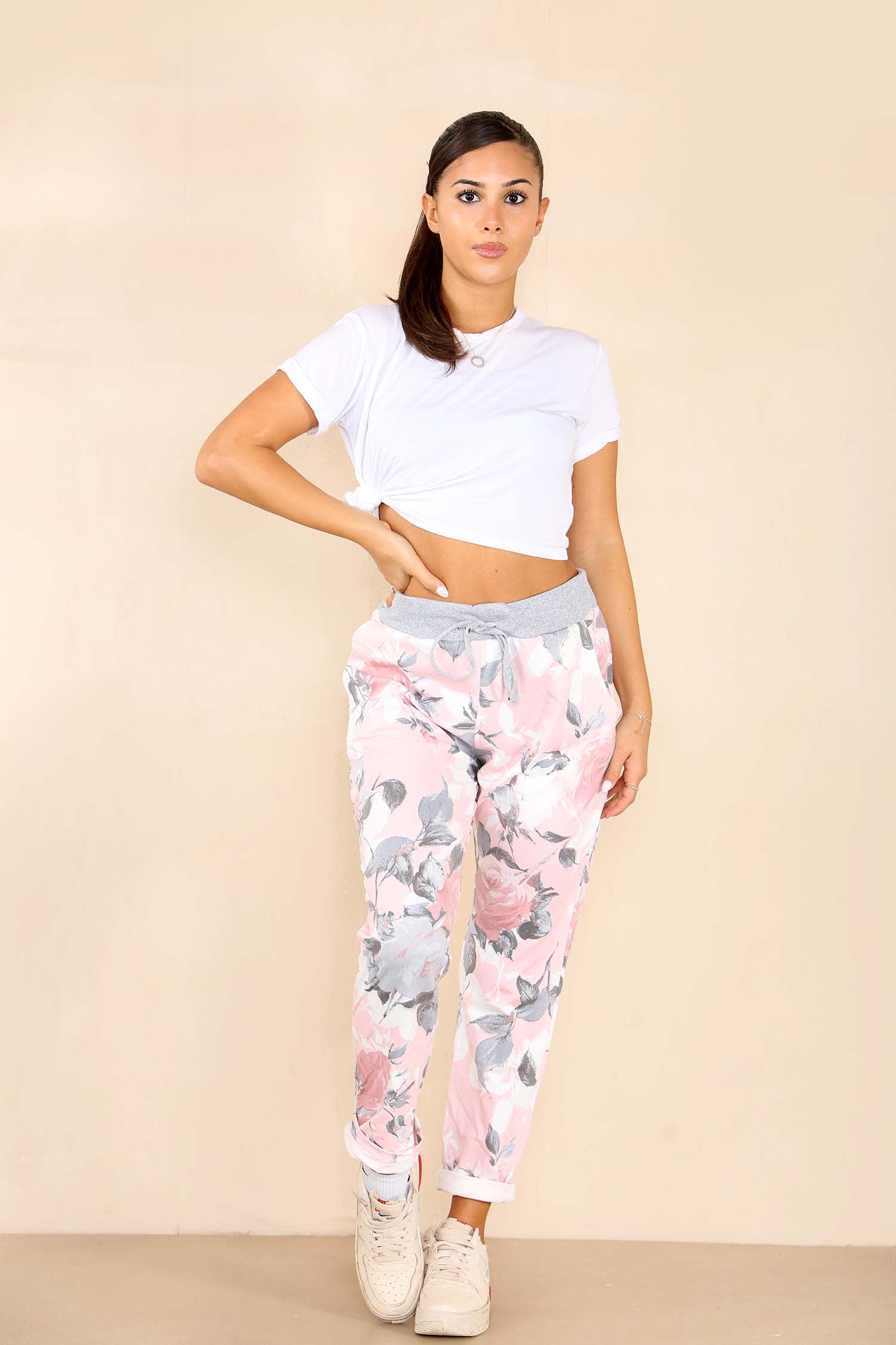 Italian Rose Flower Print Drawstring Cotton Joggers Trousers WearAll