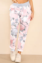 Italian Rose Flower Print Drawstring Cotton Joggers Trousers WearAll Pink 8