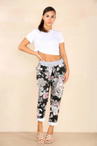 Italian Floral Print Drawstring Cotton Joggers - Black & Blue Trouser WearAll