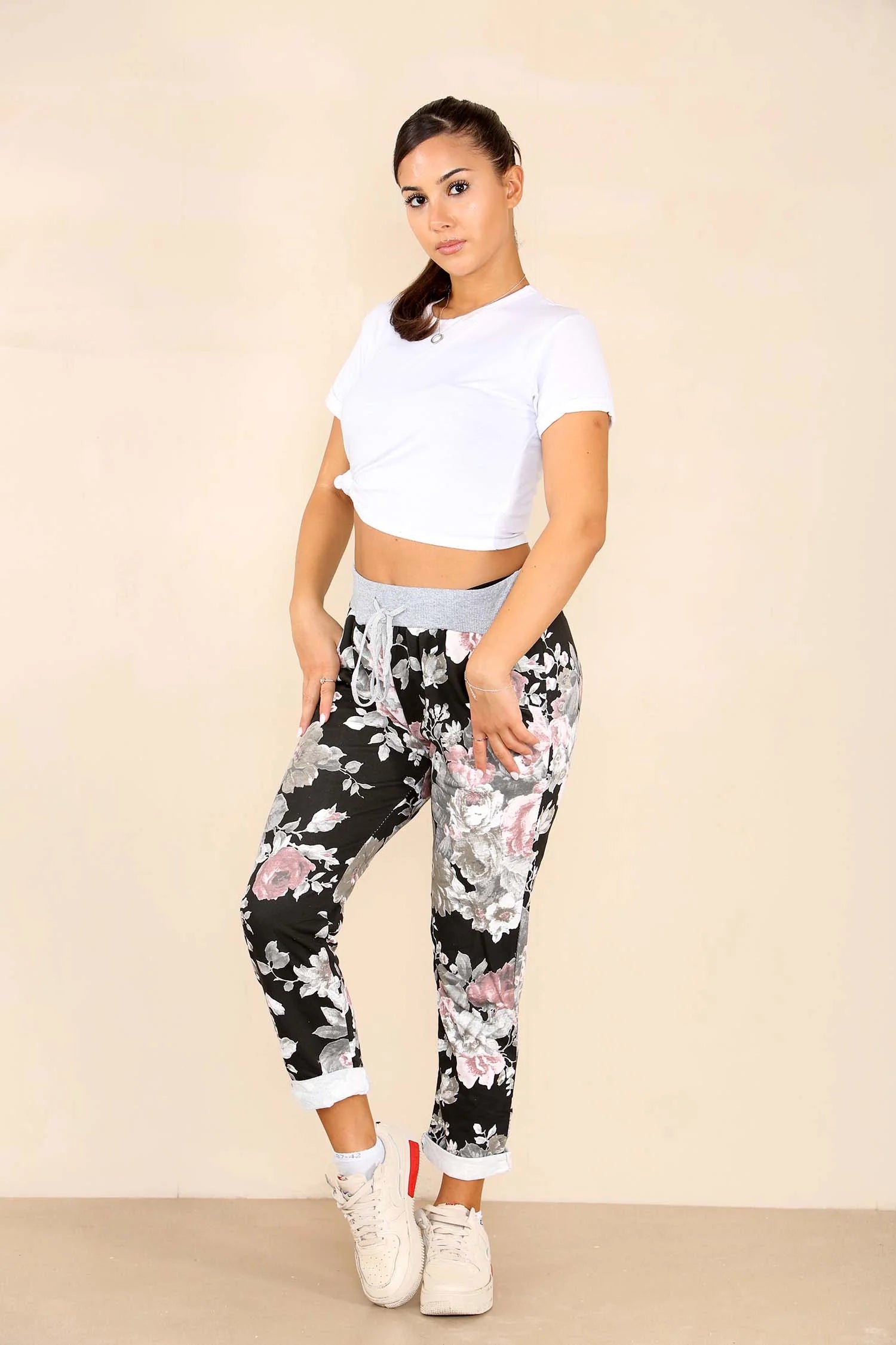 Italian Floral Print Drawstring Cotton Joggers - Black & Blue Trouser WearAll
