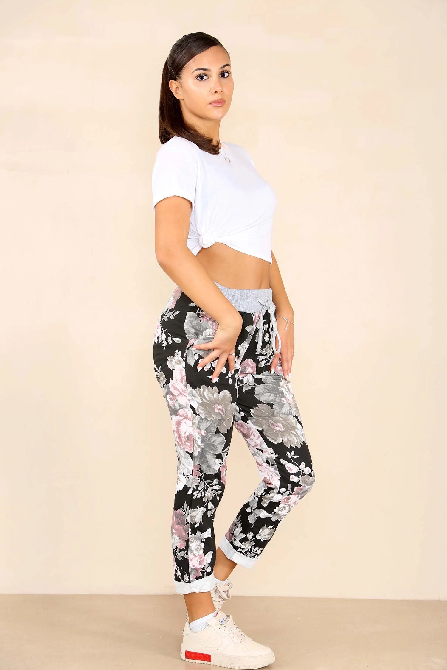 Italian Floral Print Drawstring Cotton Joggers - Black & Blue Trouser WearAll