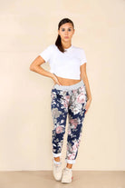 Italian Floral Print Drawstring Cotton Joggers - Black & Blue Trouser WearAll