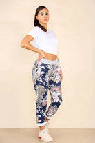 Italian Floral Print Drawstring Cotton Joggers - Black & Blue Trouser WearAll