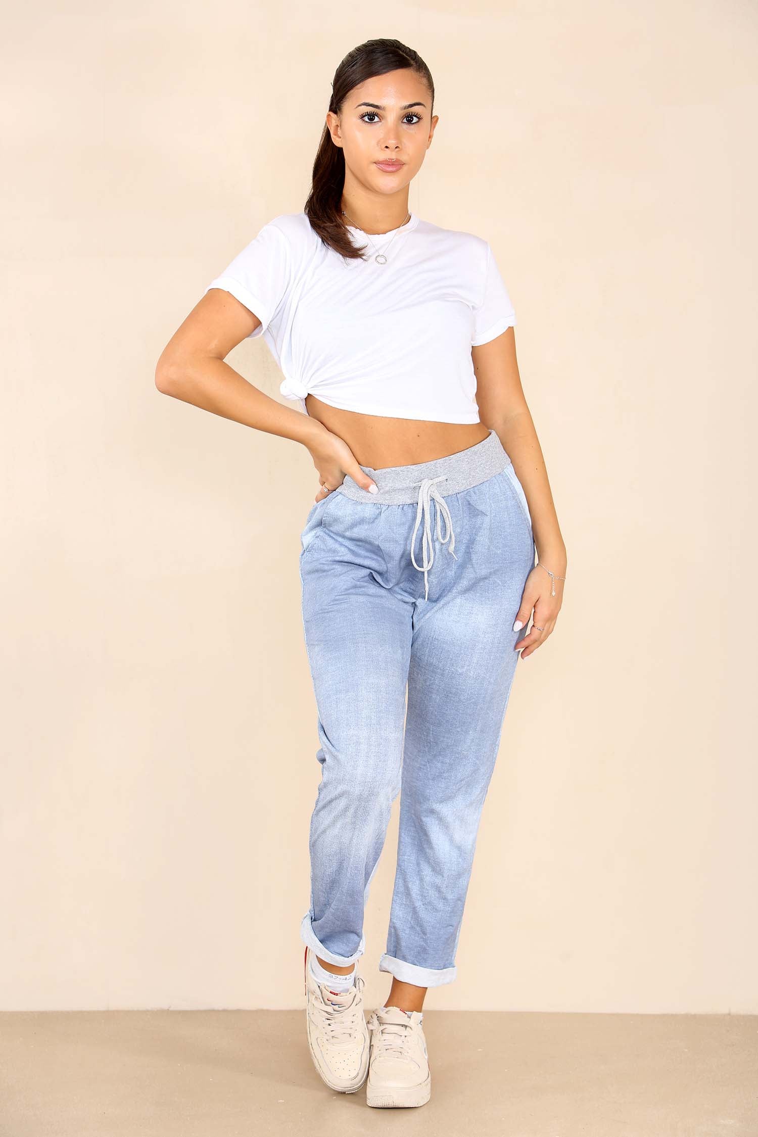 Plus Size Italian Plain Drawstring Cotton Joggers Trouser WearAll Light Denim 16