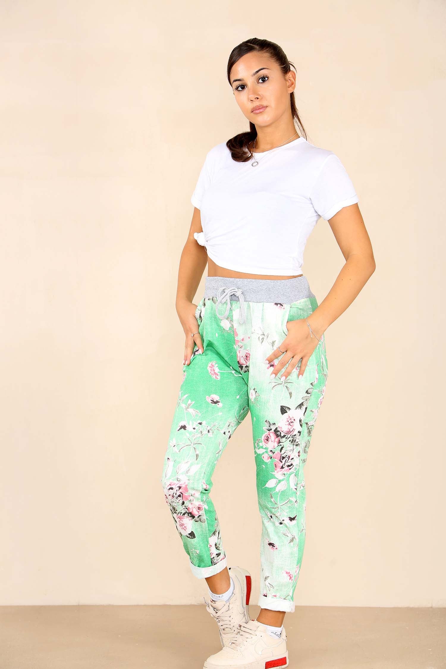 Italian Floral Print Drawstring Cotton Joggers - Black Blue Pink Pista Lime Green Trousers WearAll