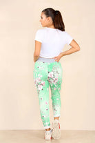 Italian Floral Print Drawstring Cotton Joggers - Black Blue Pink Pista Lime Green Trousers WearAll