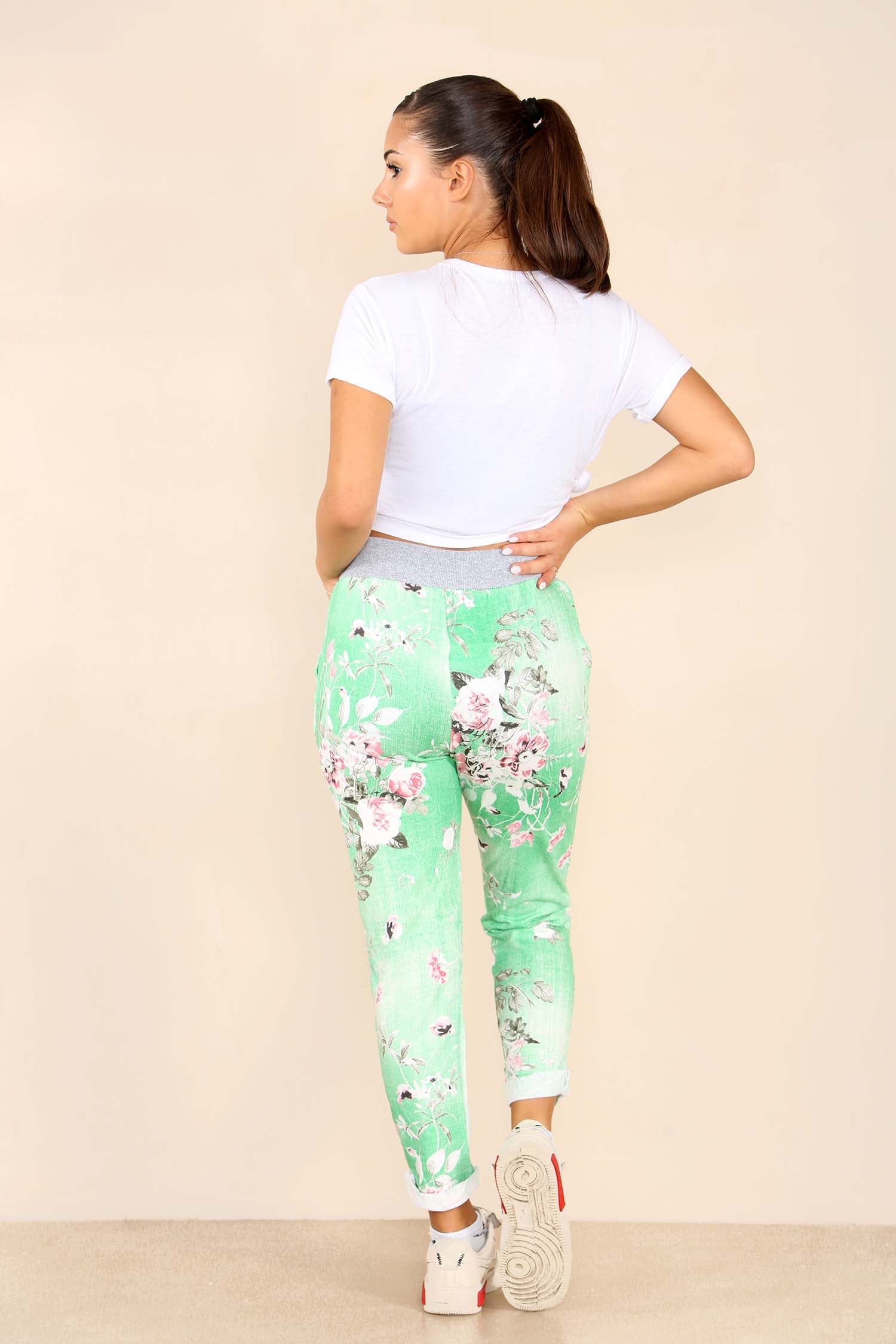 Italian Floral Print Drawstring Cotton Joggers - Black Blue Pink Pista Lime Green Trousers WearAll