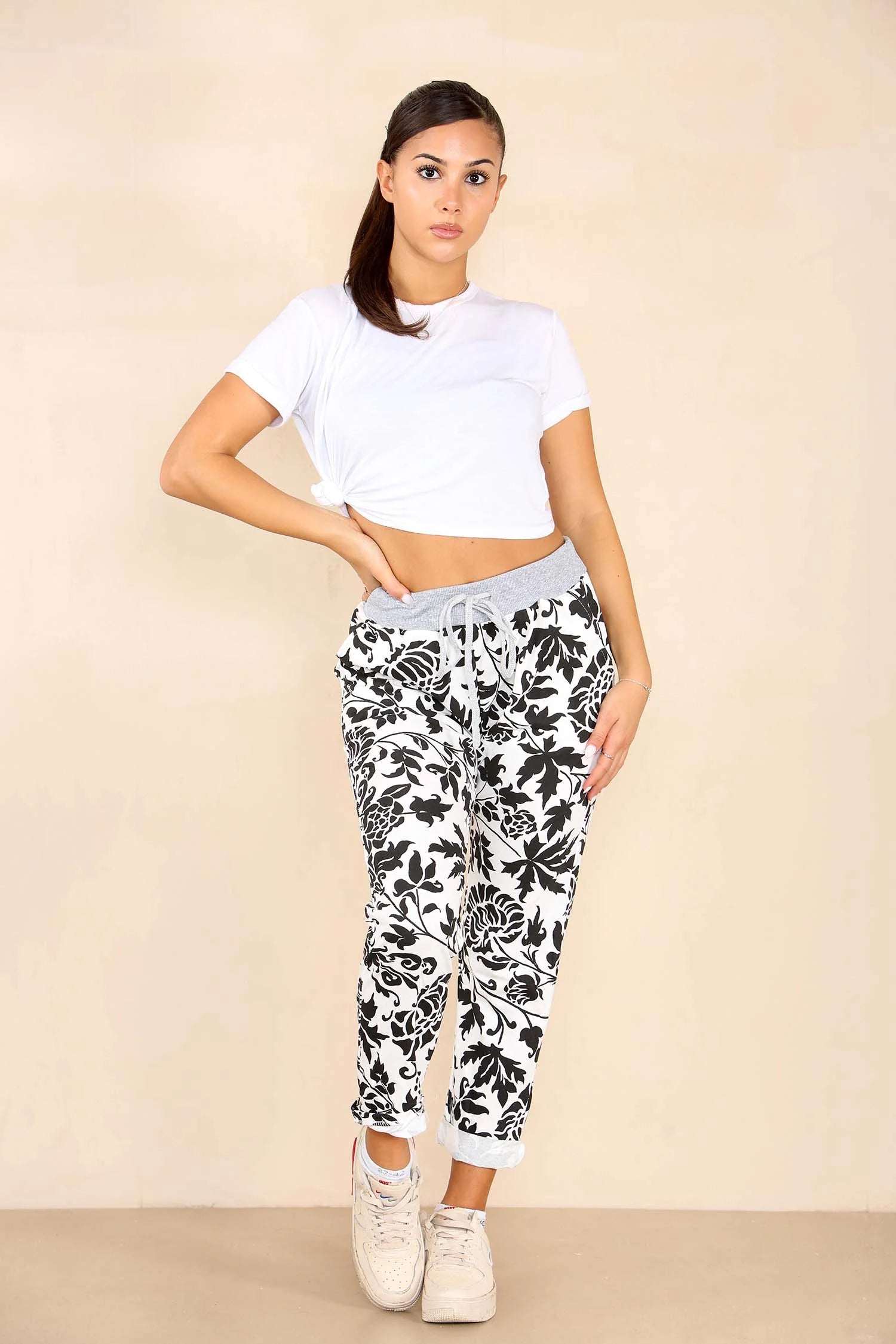 Italian Leaf Print Drawstring Cotton Joggers Trouser WearAll Black 8