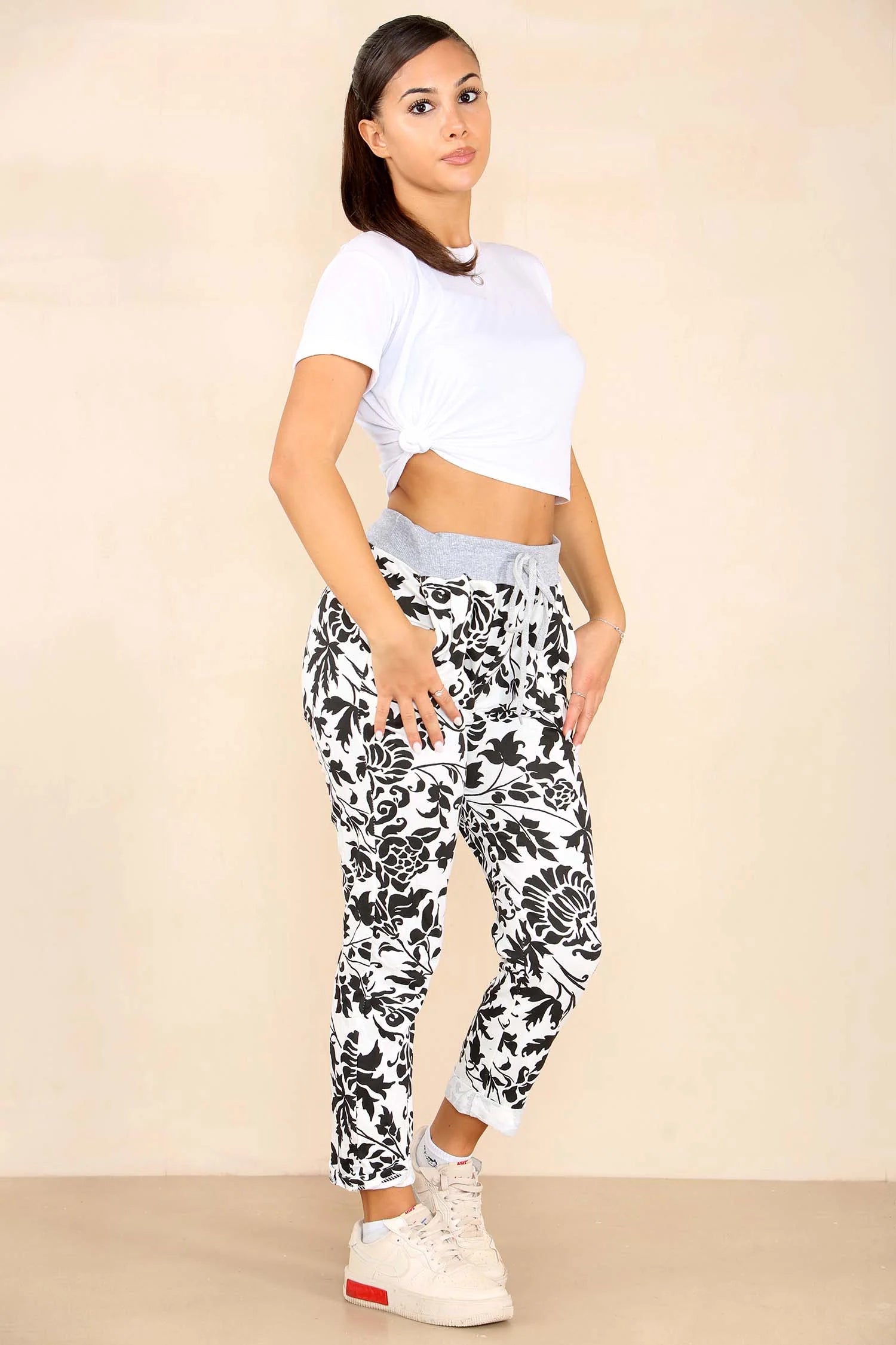 Italian Leaf Print Drawstring Cotton Joggers Trouser WearAll