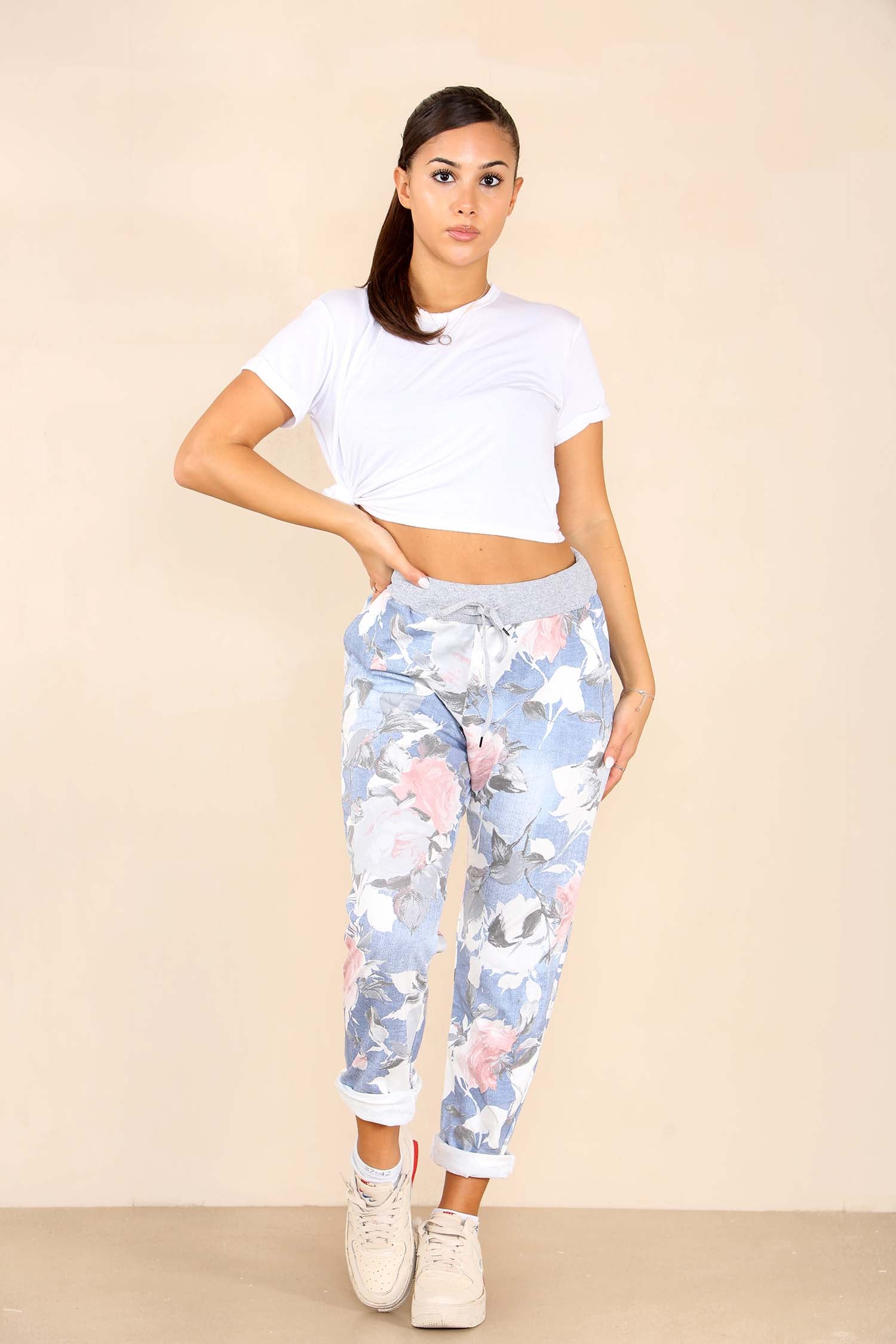 Italian Rose Flower Print Drawstring Cotton Joggers Trousers WearAll