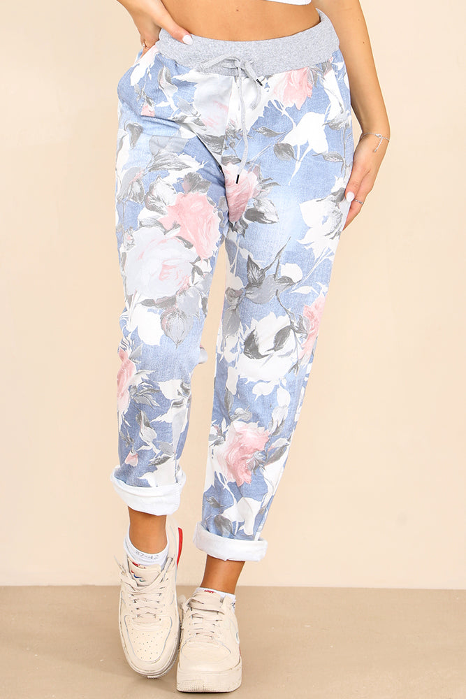 Plus Size Italian Rose Flower Print Drawstring Cotton Joggers Trousers WearAll Sky Blue 16