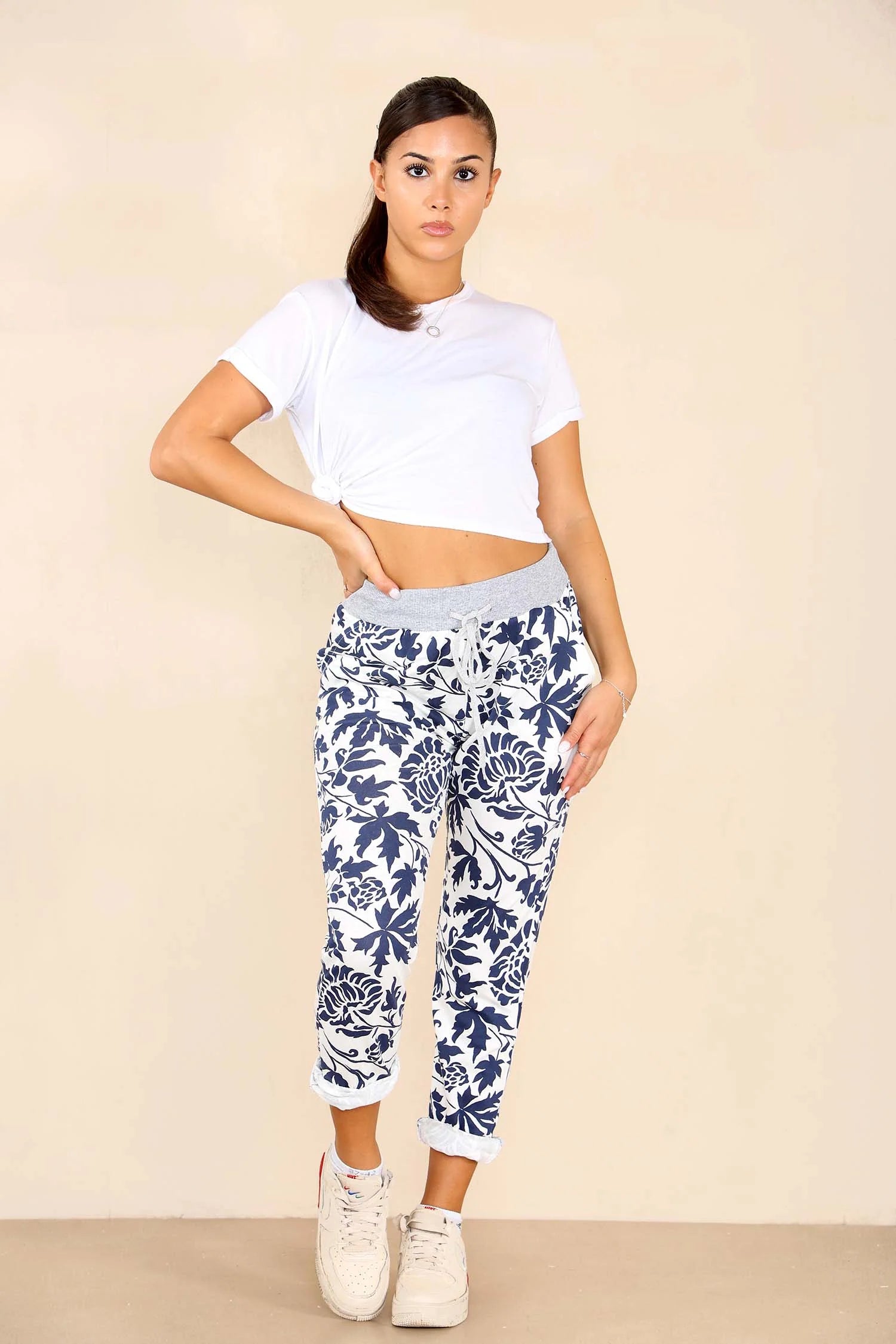 Italian Leaf Print Drawstring Cotton Joggers Trouser WearAll Blue 8