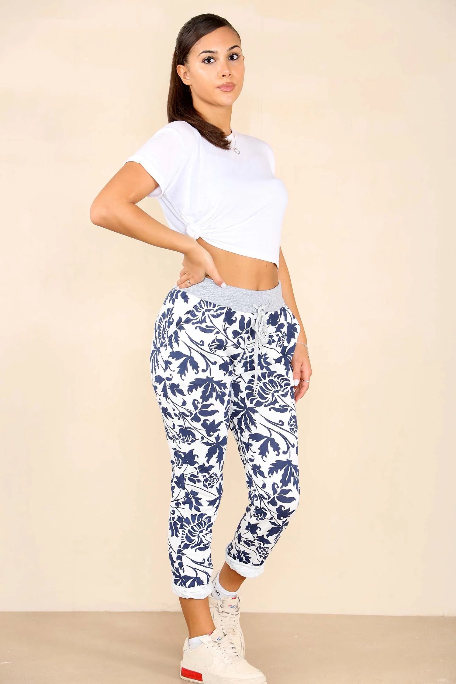 Italian Leaf Print Drawstring Cotton Joggers Trouser WearAll
