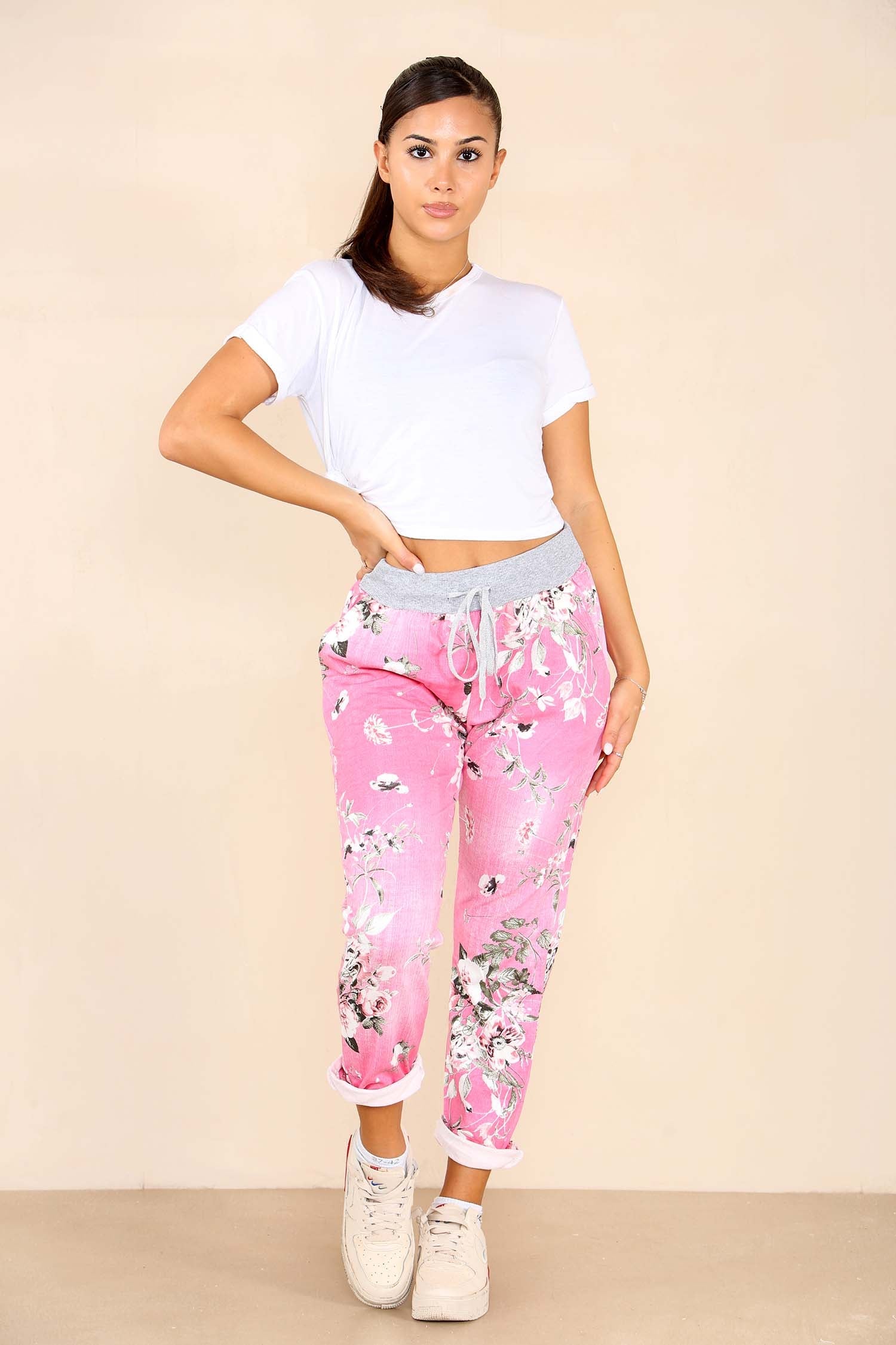 Italian Floral Print Drawstring Cotton Joggers - Black Blue Pink Pista Lime Green Trousers WearAll Baby Pink 8