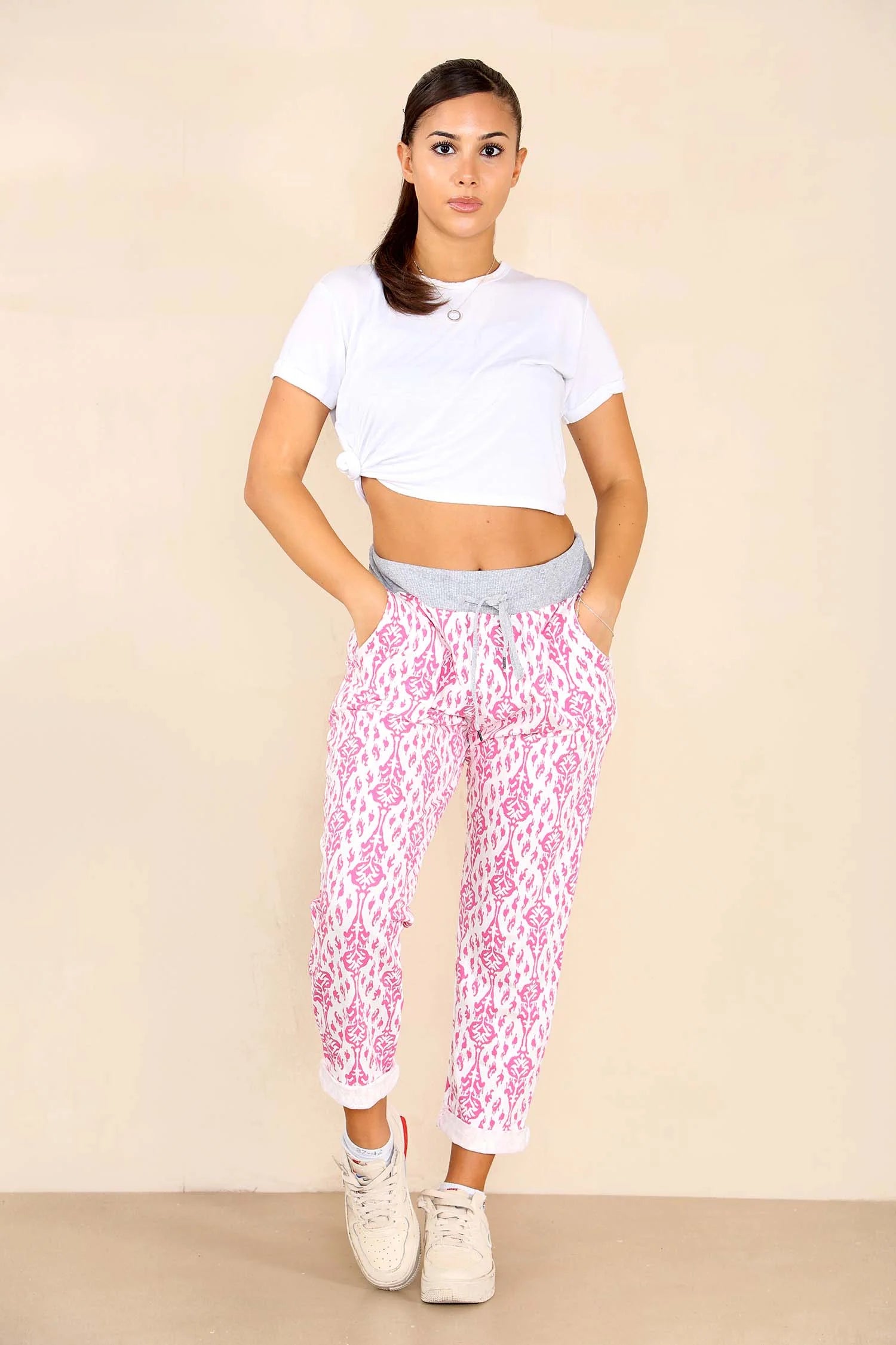 Italian Floral Texture Print Drawstring Cotton Joggers - Baby Pink Trouser WearAll Baby Pink 8