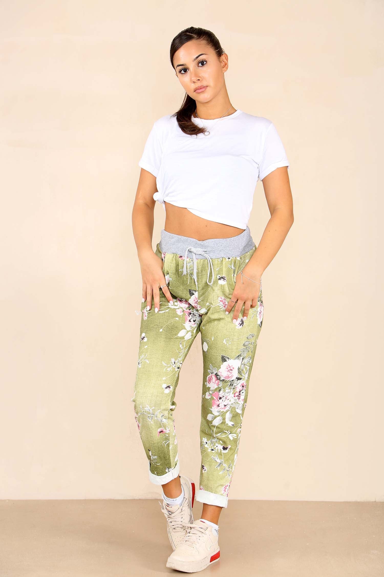 Italian Floral Print Drawstring Cotton Joggers - Black Blue Pink Pista Lime Green Trousers WearAll Lime Green 8
