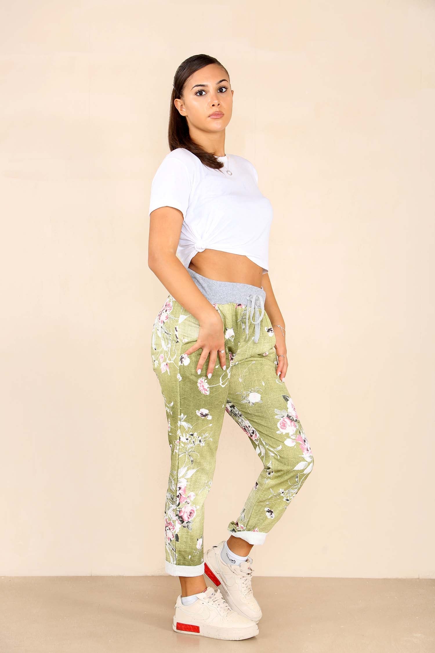 Italian Floral Print Drawstring Cotton Joggers - Black Blue Pink Pista Lime Green Trousers WearAll