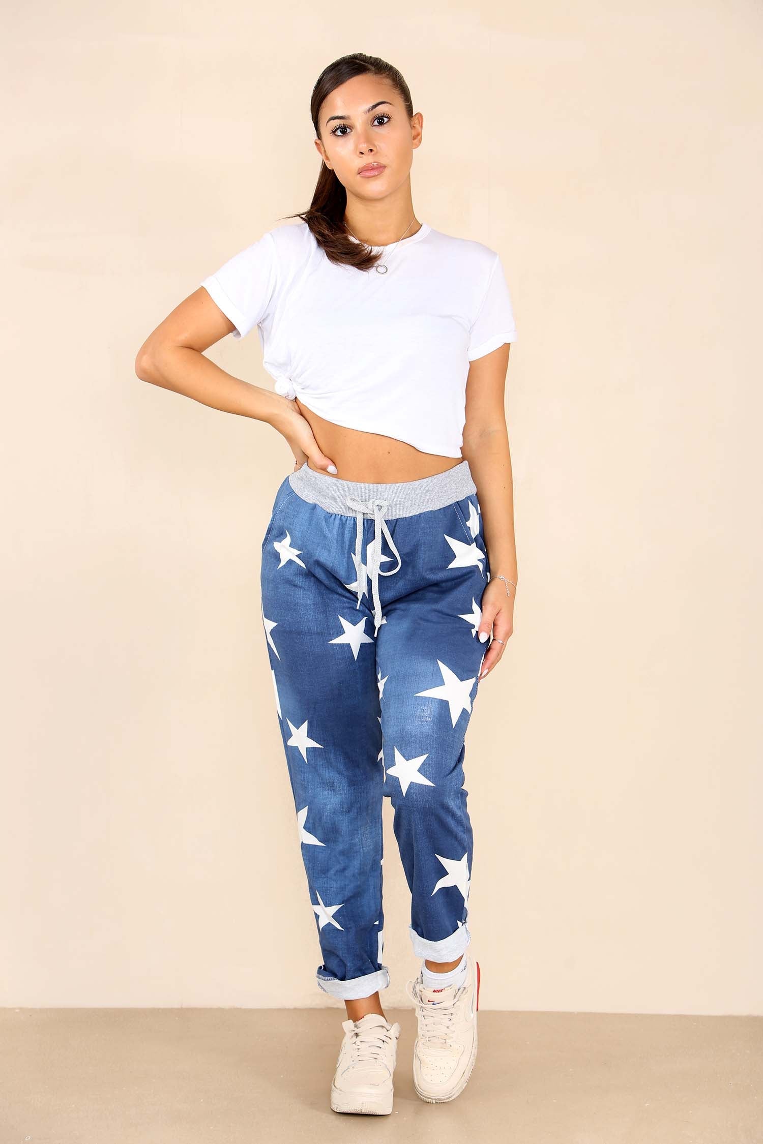 Italian Star Print Drawstring Cotton Joggers Trousers WearAll