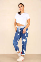 Italian Star Print Drawstring Cotton Joggers Trousers WearAll Dark Denim 8