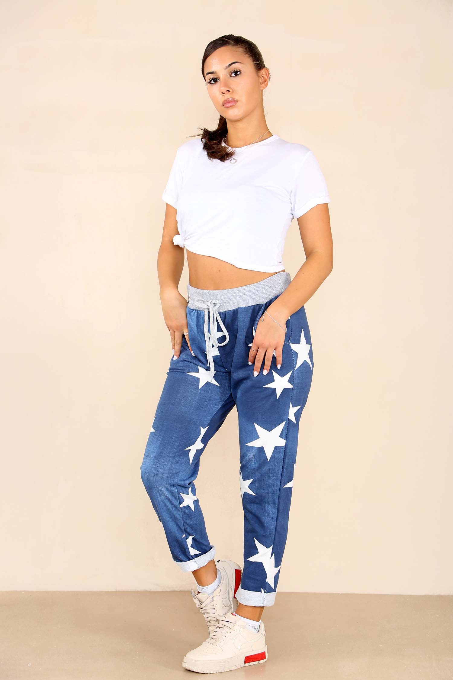 Italian Star Print Drawstring Cotton Joggers Trousers WearAll Dark Denim 8