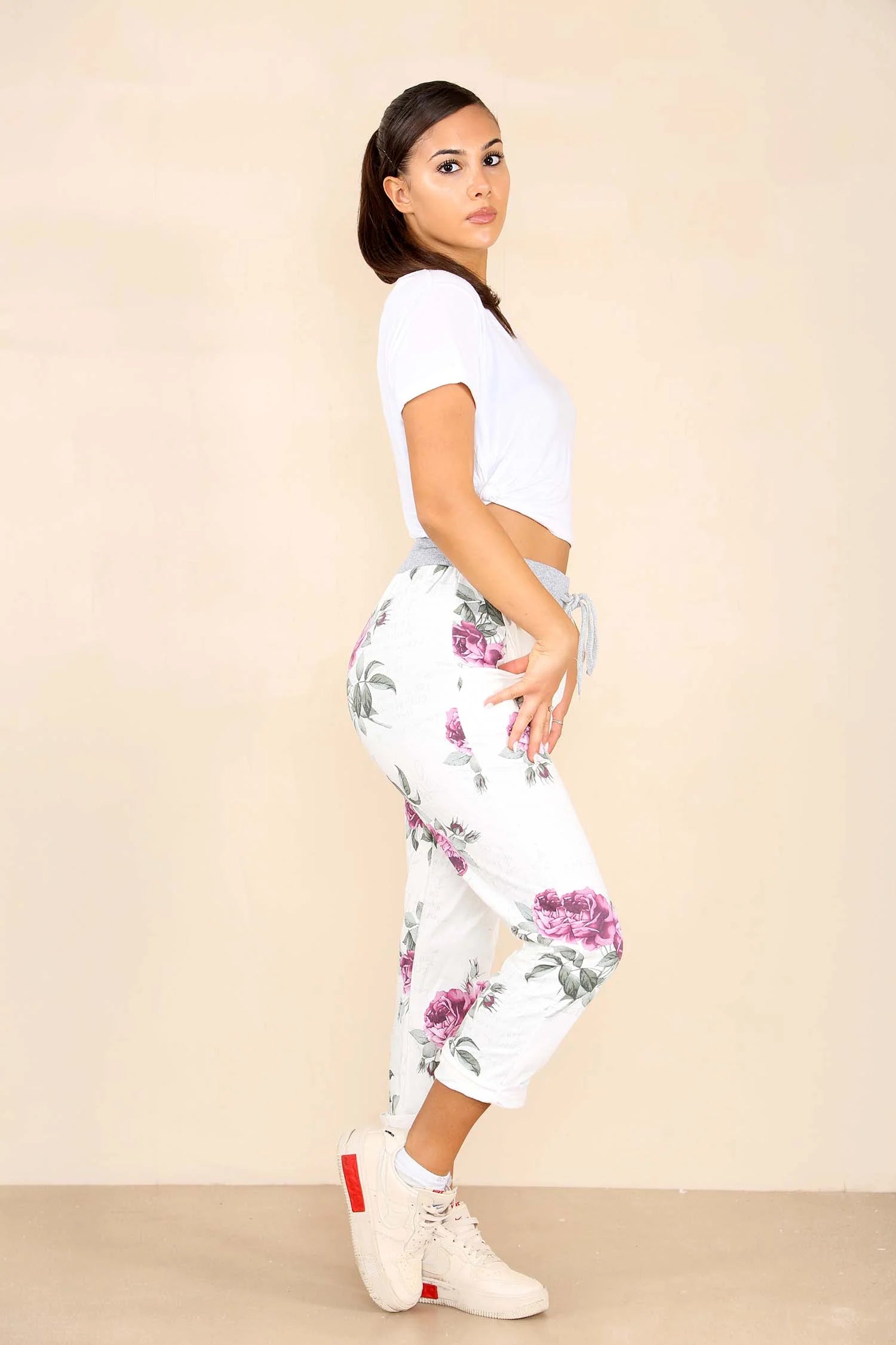 Italian Floral Print Drawstring Cotton Joggers - Pink & Blue Trouser WearAll