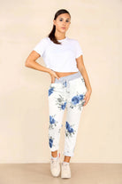 Italian Floral Print Drawstring Cotton Joggers - Pink & Blue Trouser WearAll