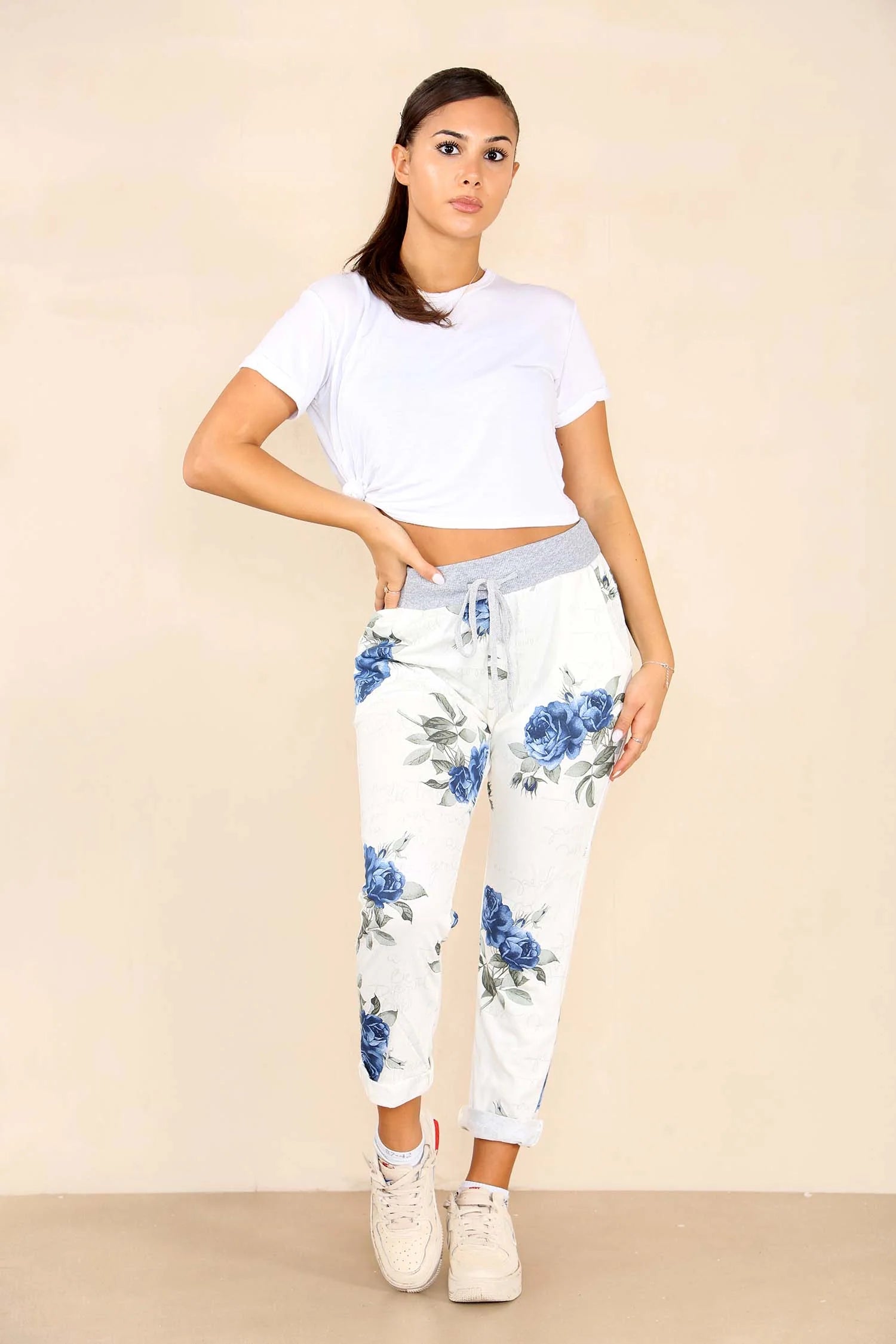 Italian Floral Print Drawstring Cotton Joggers - Pink & Blue Trouser WearAll Blue 8