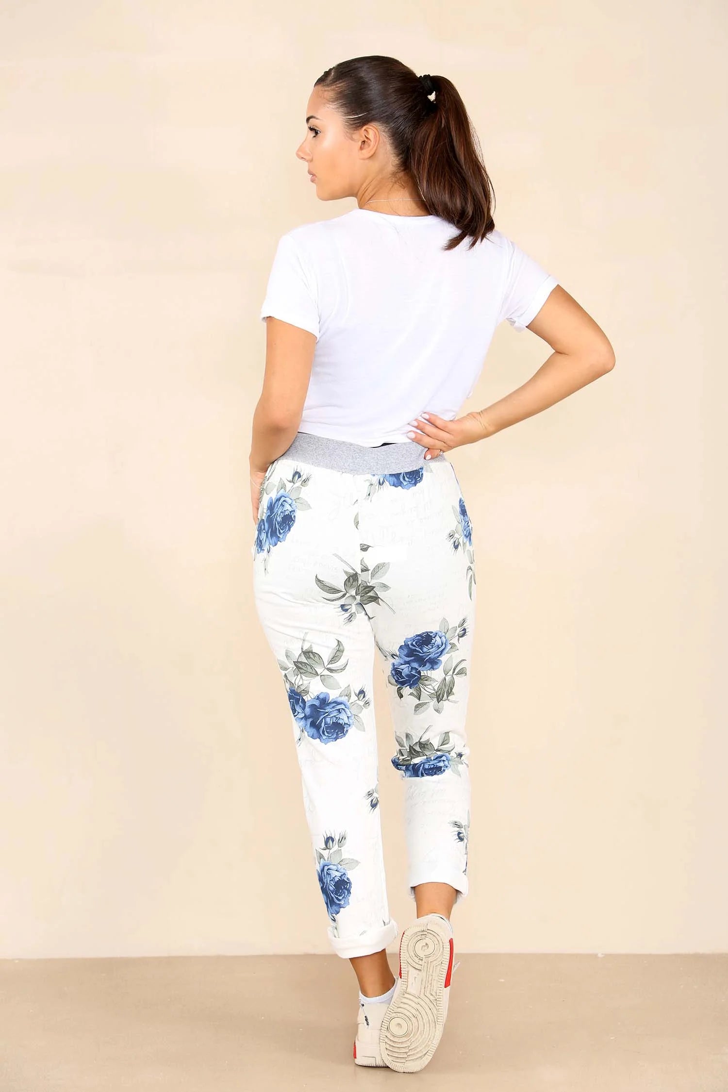 Italian Floral Print Drawstring Cotton Joggers - Pink & Blue Trouser WearAll