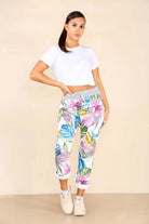 Italian Floral Print Drawstring Cotton Joggers - Multi Color Trouser WearAll Multy 8