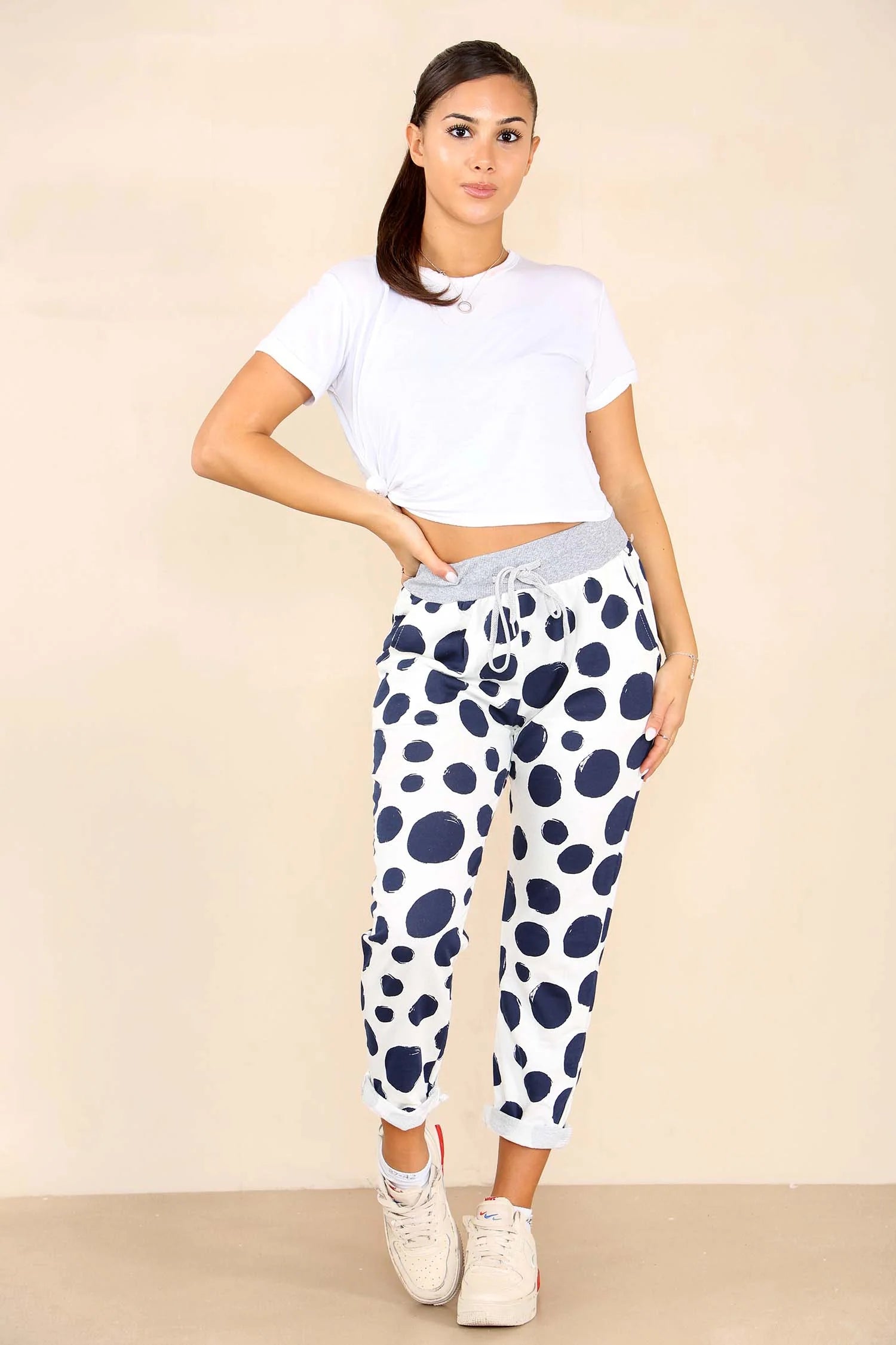 Italian Dotted Print Drawstring Cotton Joggers Trouser WearAll white 8