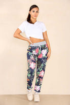 Italian Floral Print Drawstring Cotton Joggers - Blue Trousers WearAll
