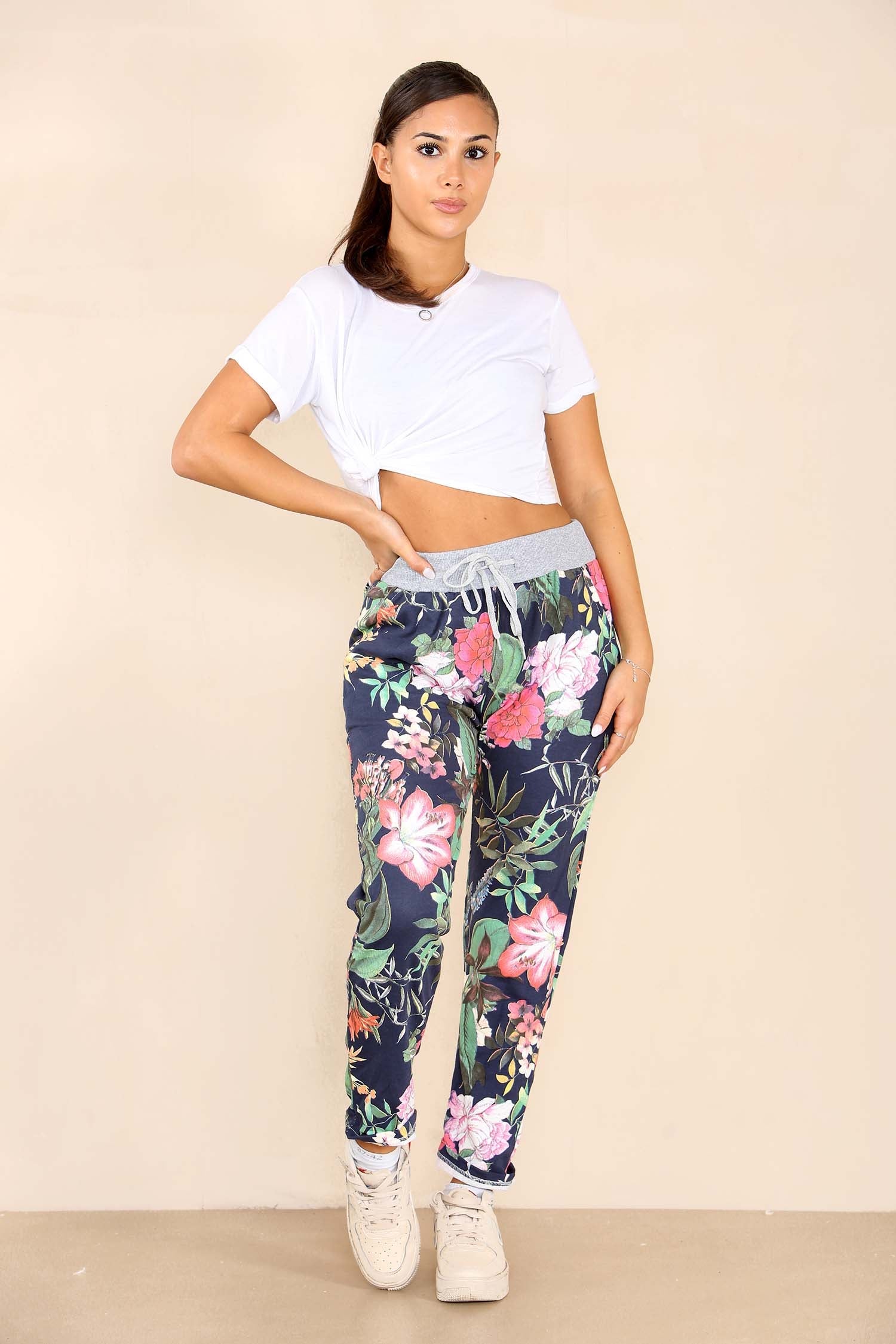 Italian Floral Print Drawstring Cotton Joggers - Blue Trousers WearAll