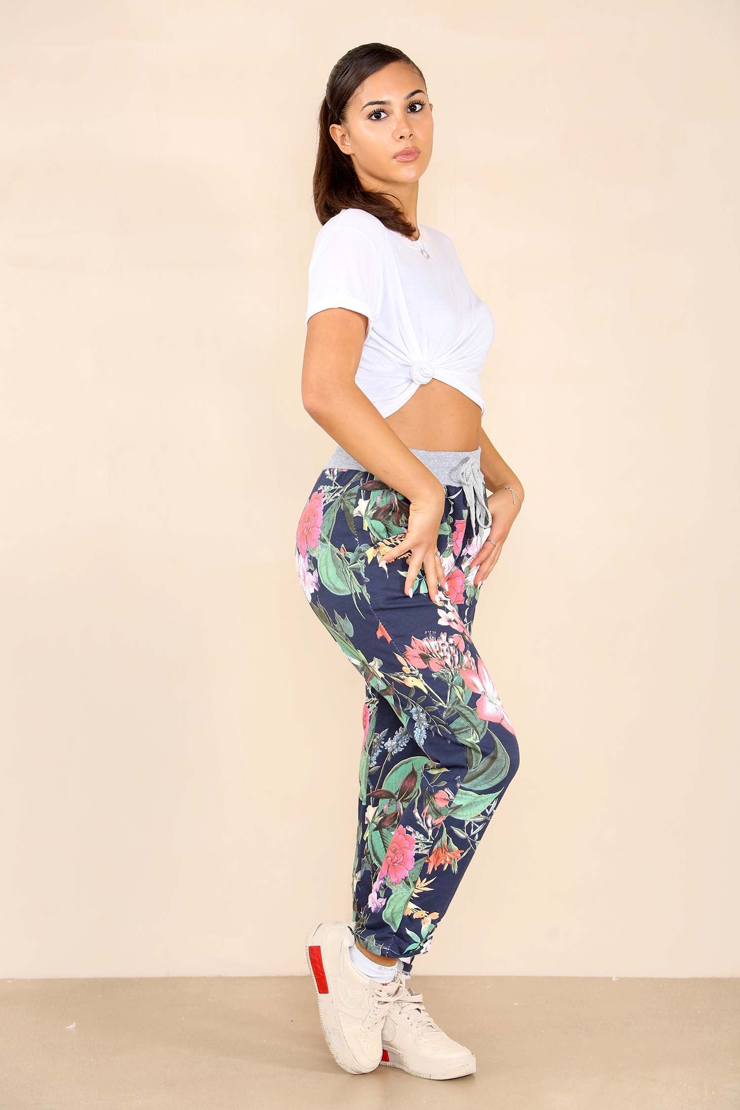 Italian Floral Print Drawstring Cotton Joggers - Blue Trousers WearAll