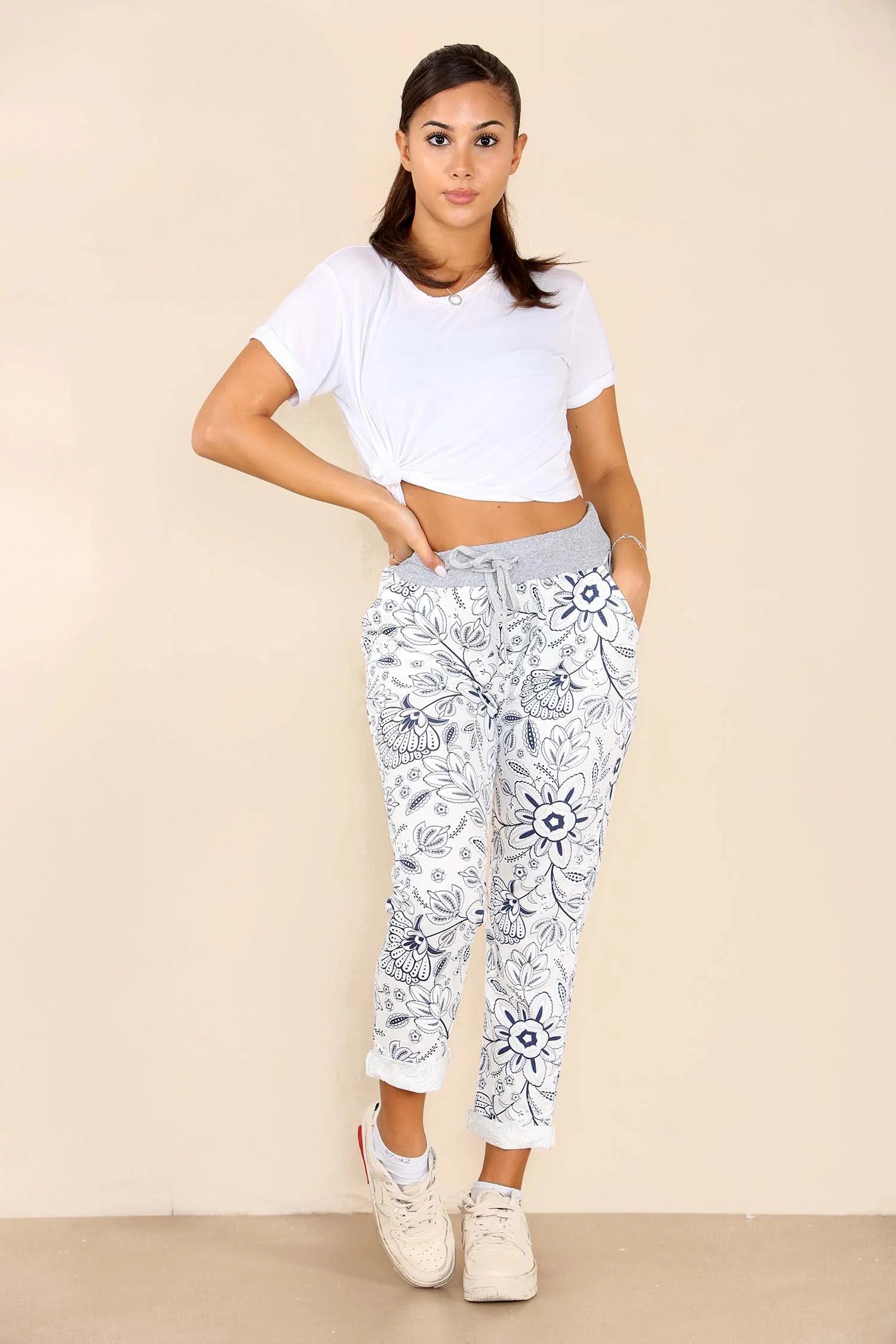 Italian Flower Bale Print Drawstring Cotton Joggers Trouser WearAll