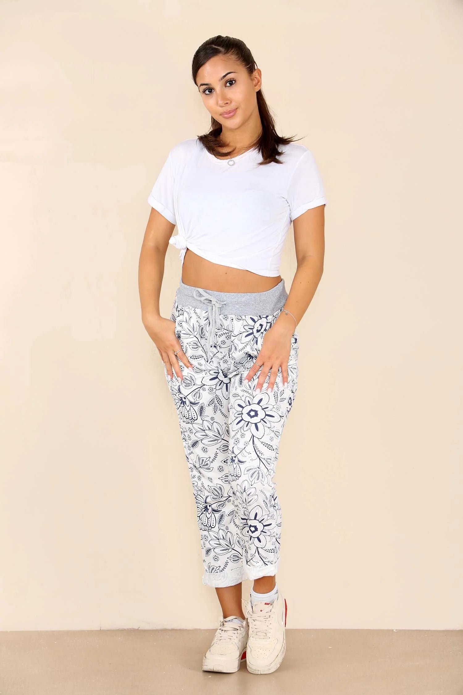 Plus Size Italian Flower Bale Print Drawstring Cotton Joggers Trouser WearAll White 16