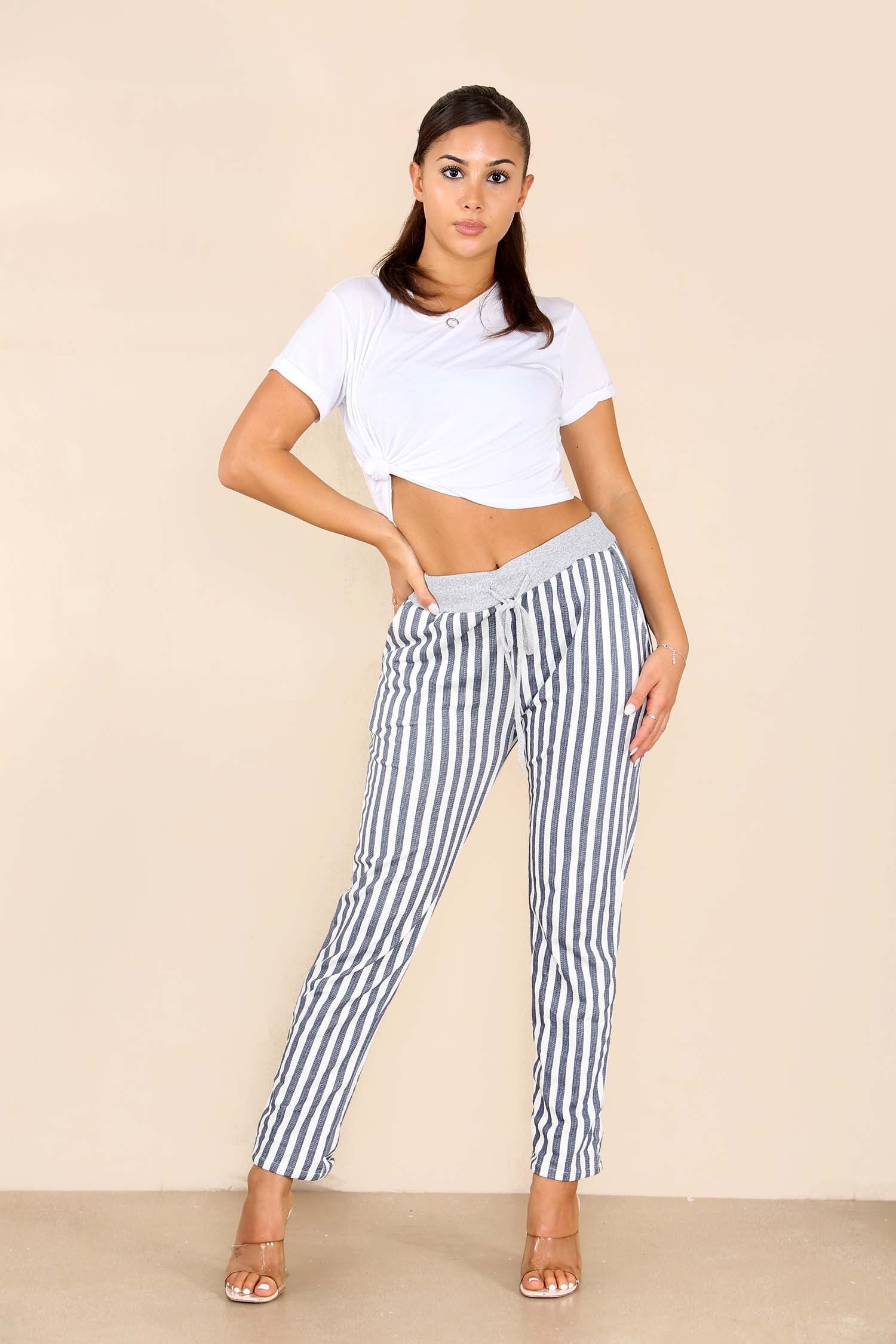 Italian Stripe Print Drawstring Cotton Joggers Trousers WearAll Grey 8