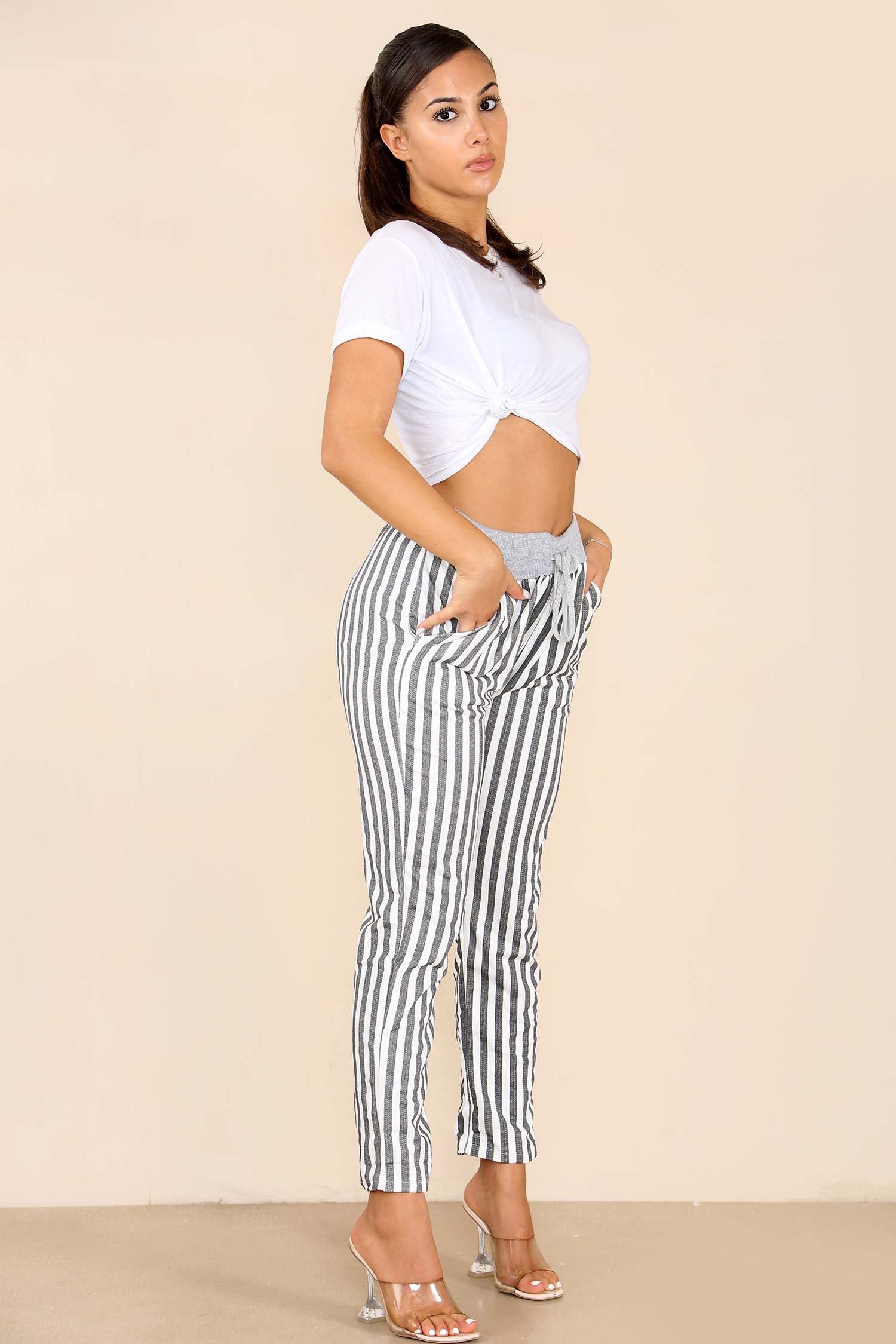 Italian Stripe Print Drawstring Cotton Joggers Trousers WearAll
